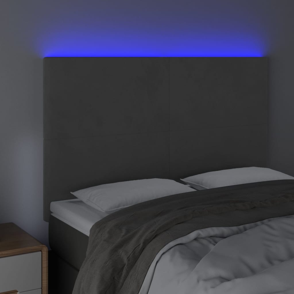 sengegavl med LED-lys 144x5x118/128 cm fløjl mørkegrå