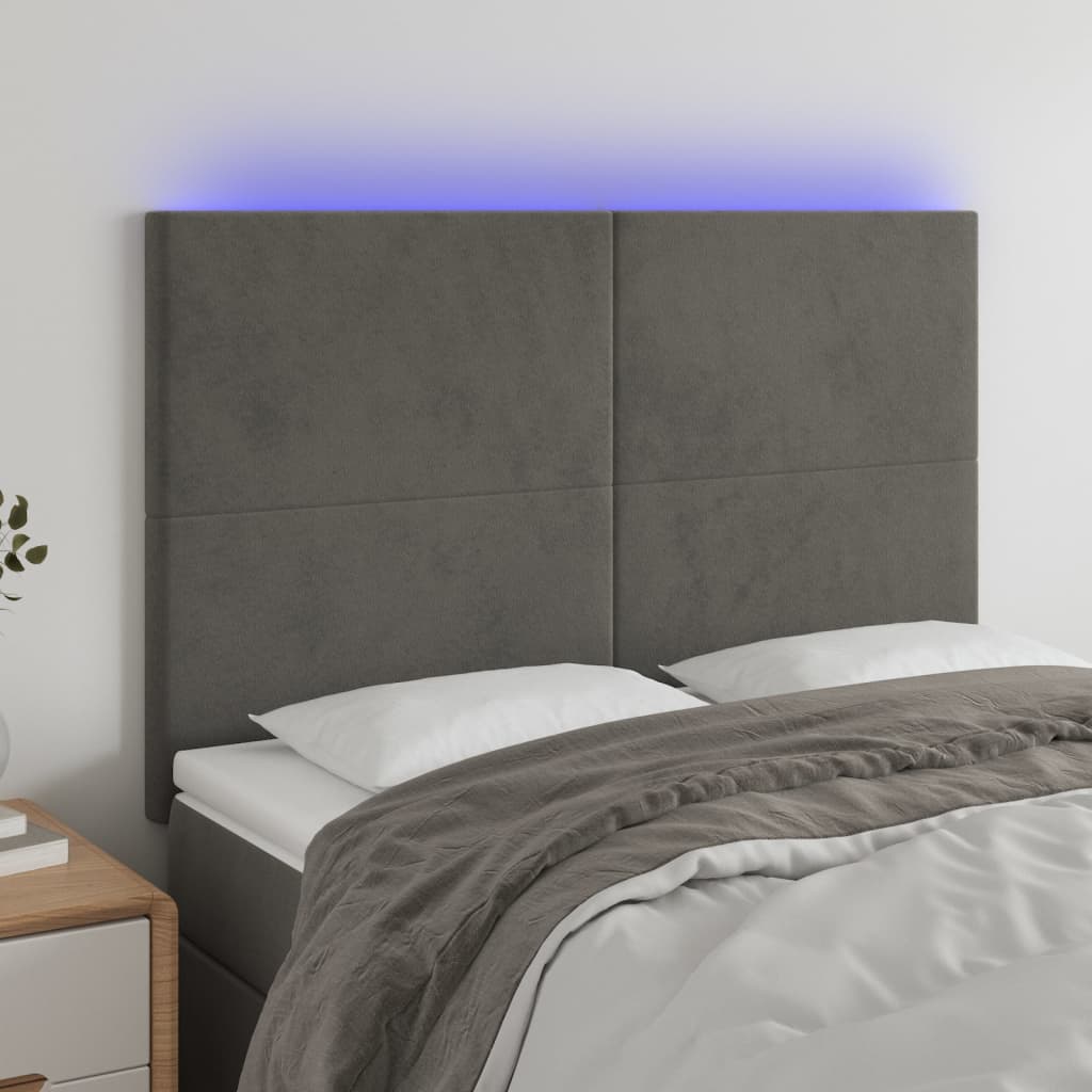 sengegavl med LED-lys 144x5x118/128 cm fløjl mørkegrå