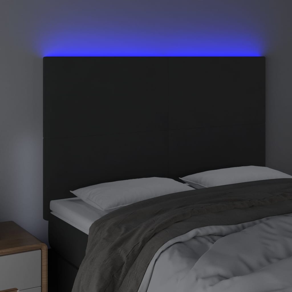sengegavl med LED-lys 144x5x118/128 cm fløjl sort