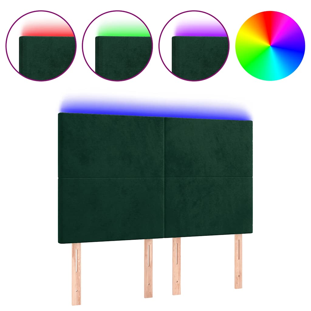 sengegavl med LED-lys 144x5x118/128 cm fløjl mørkegrøn
