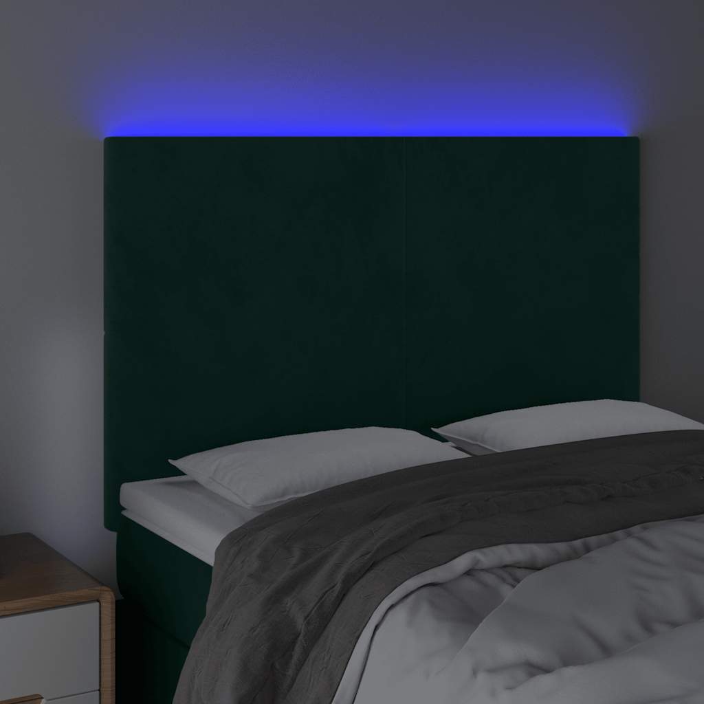 sengegavl med LED-lys 144x5x118/128 cm fløjl mørkegrøn