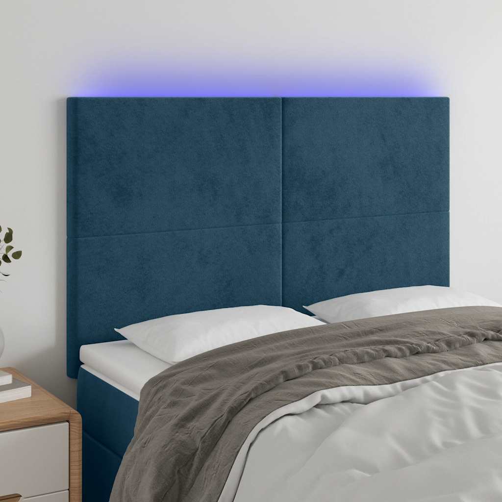 sengegavl med LED-lys 144x5x118/128 cm fløjl mørkeblå
