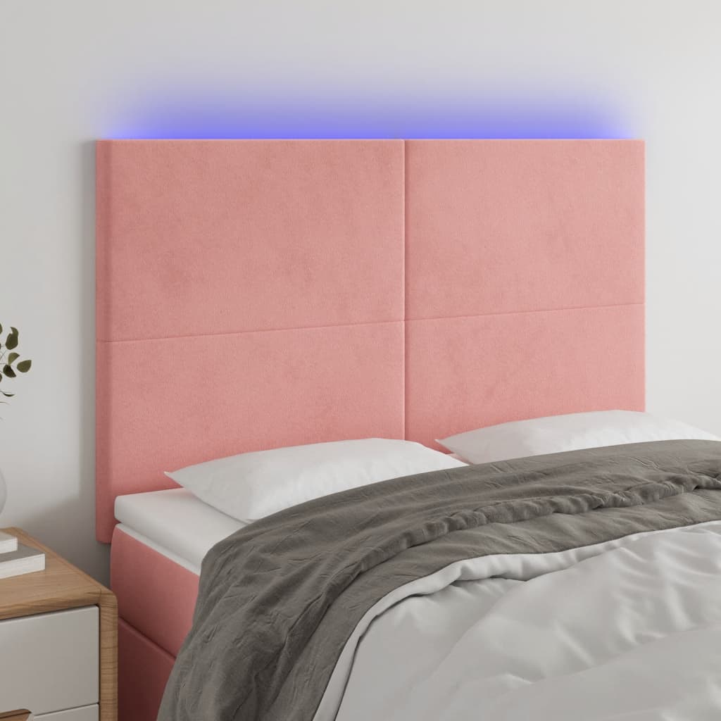 sengegavl med LED-lys 144x5x118/128 cm fløjl lyserød