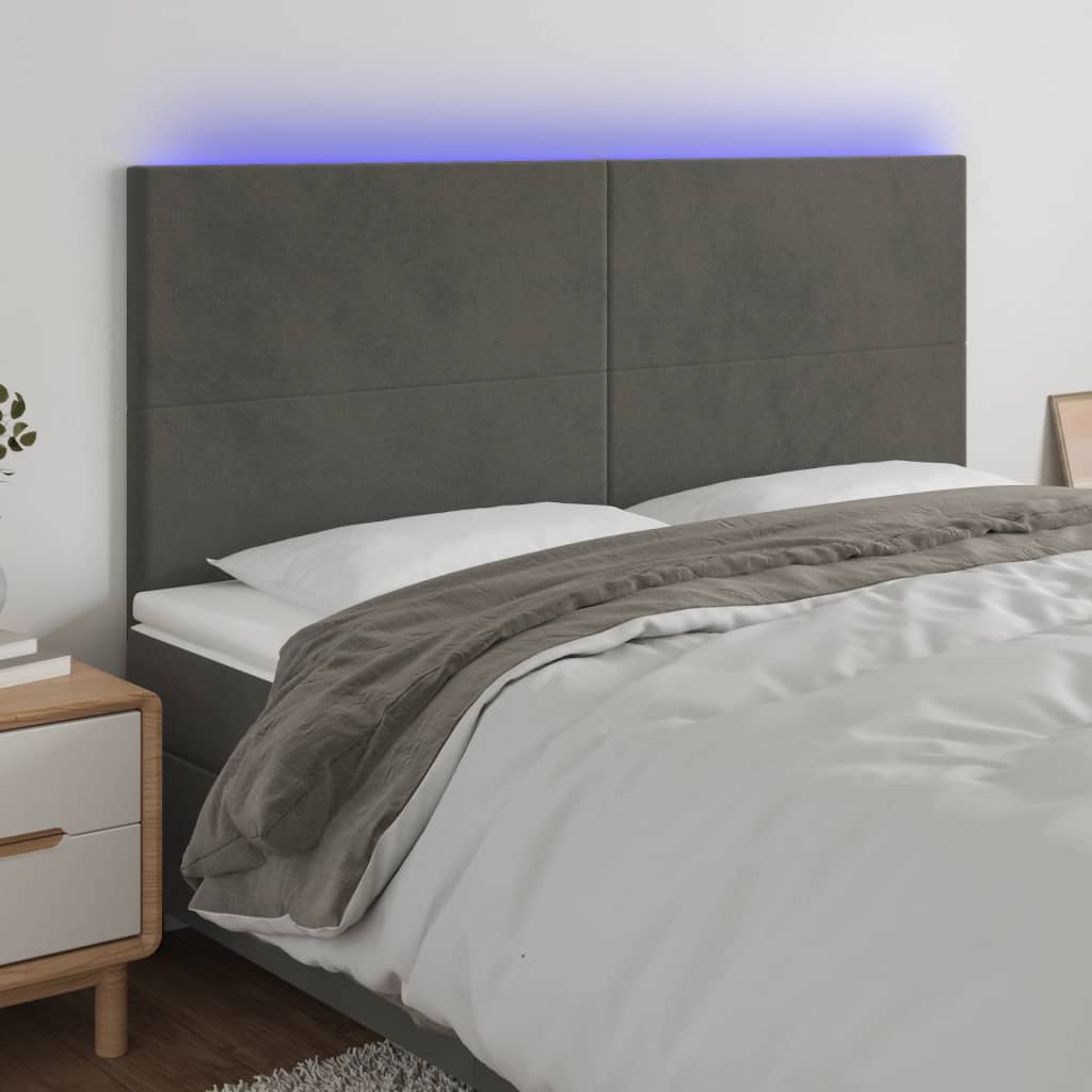 sengegavl med LED-lys 180x5x118/128 cm fløjl mørkegrå