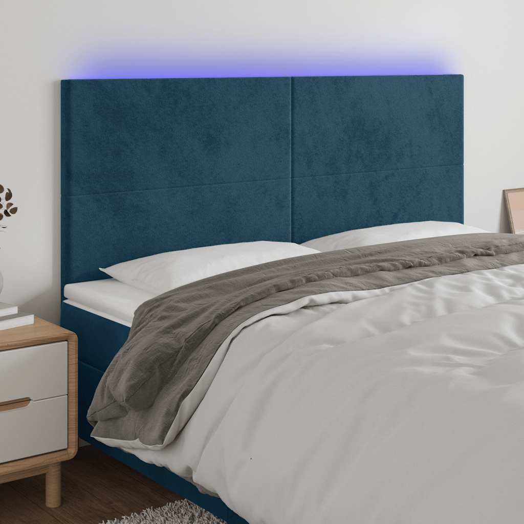 sengegavl med LED-lys 180x5x118/128 cm fløjl mørkeblå