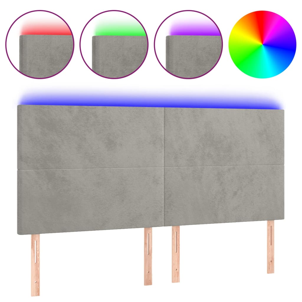 sengegavl med LED-lys 200x5x118/128 cm fløjl lysegrå