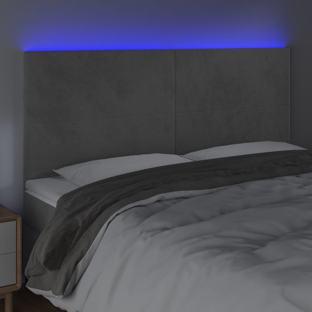 sengegavl med LED-lys 200x5x118/128 cm fløjl lysegrå