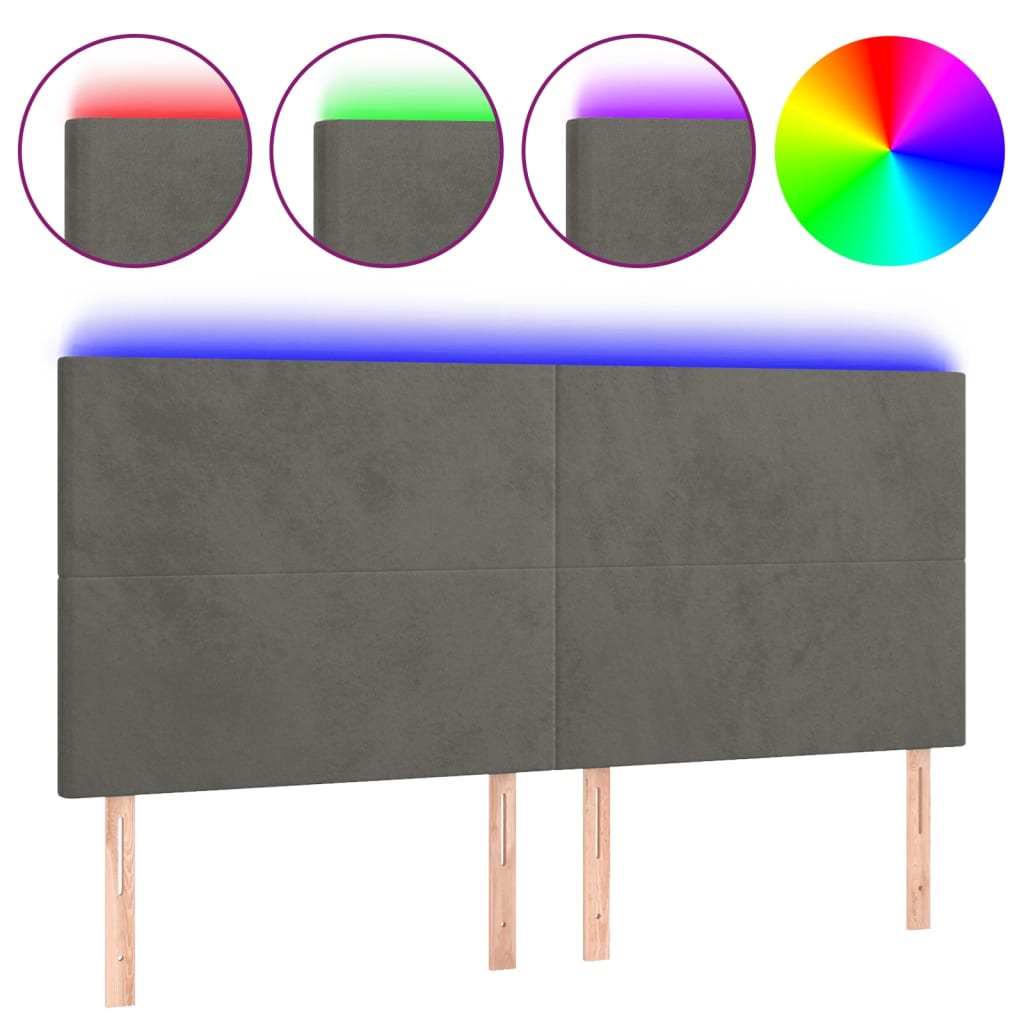 sengegavl med LED-lys 200x5x118/128 cm fløjl mørkegrå