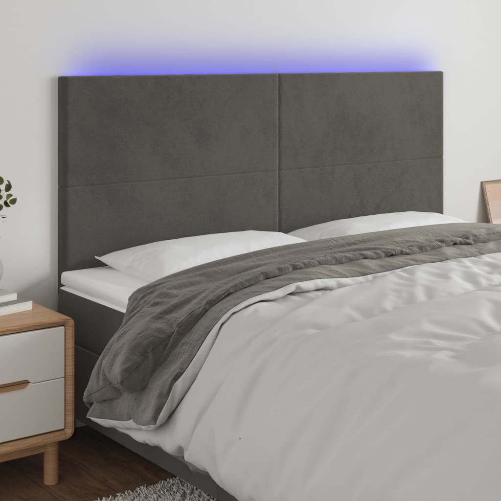 sengegavl med LED-lys 200x5x118/128 cm fløjl mørkegrå