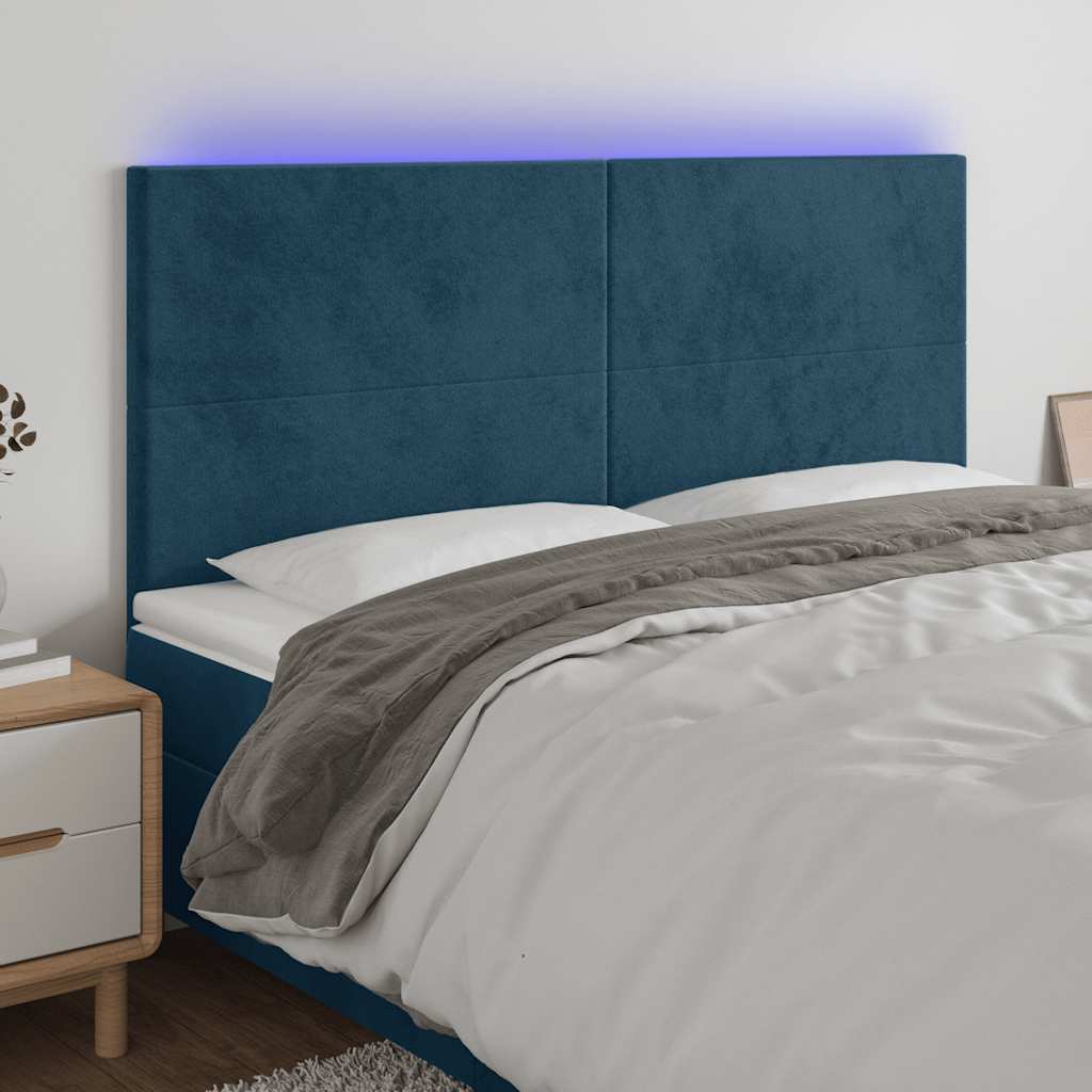 sengegavl med LED-lys 200x5x118/128 cm fløjl mørkeblå