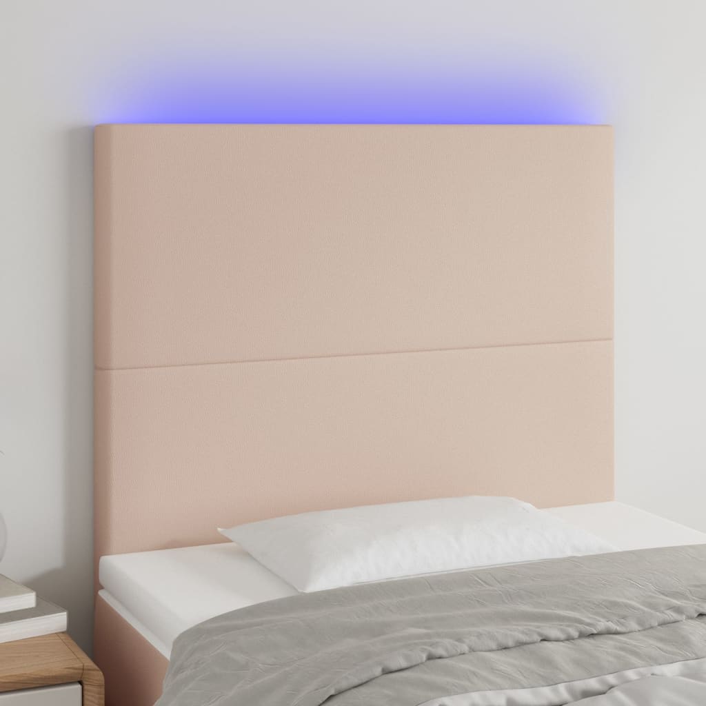 sengegavl med LED-lys 90x5x118/128 cm kunstlæder cappuccino
