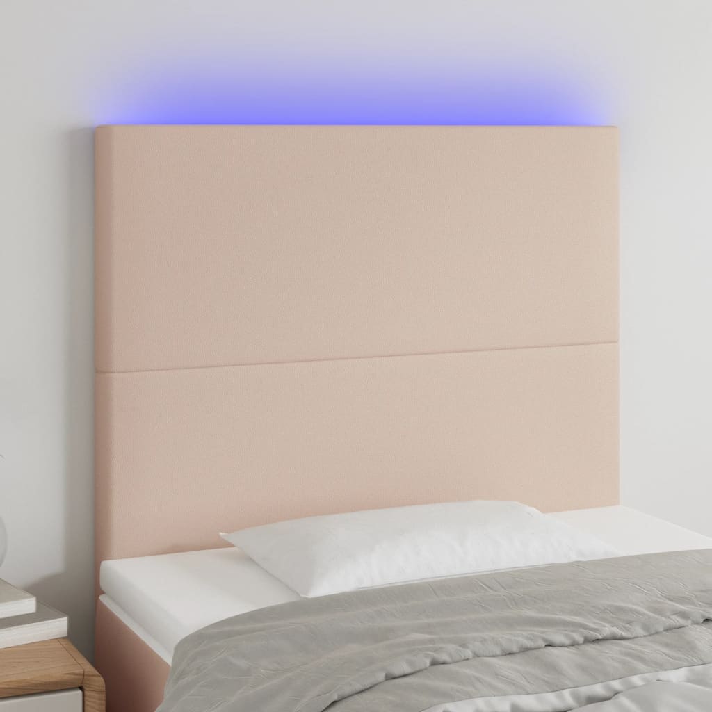 sengegavl med LED-lys 100x5x118/128 cm kunstlæder cappuccino