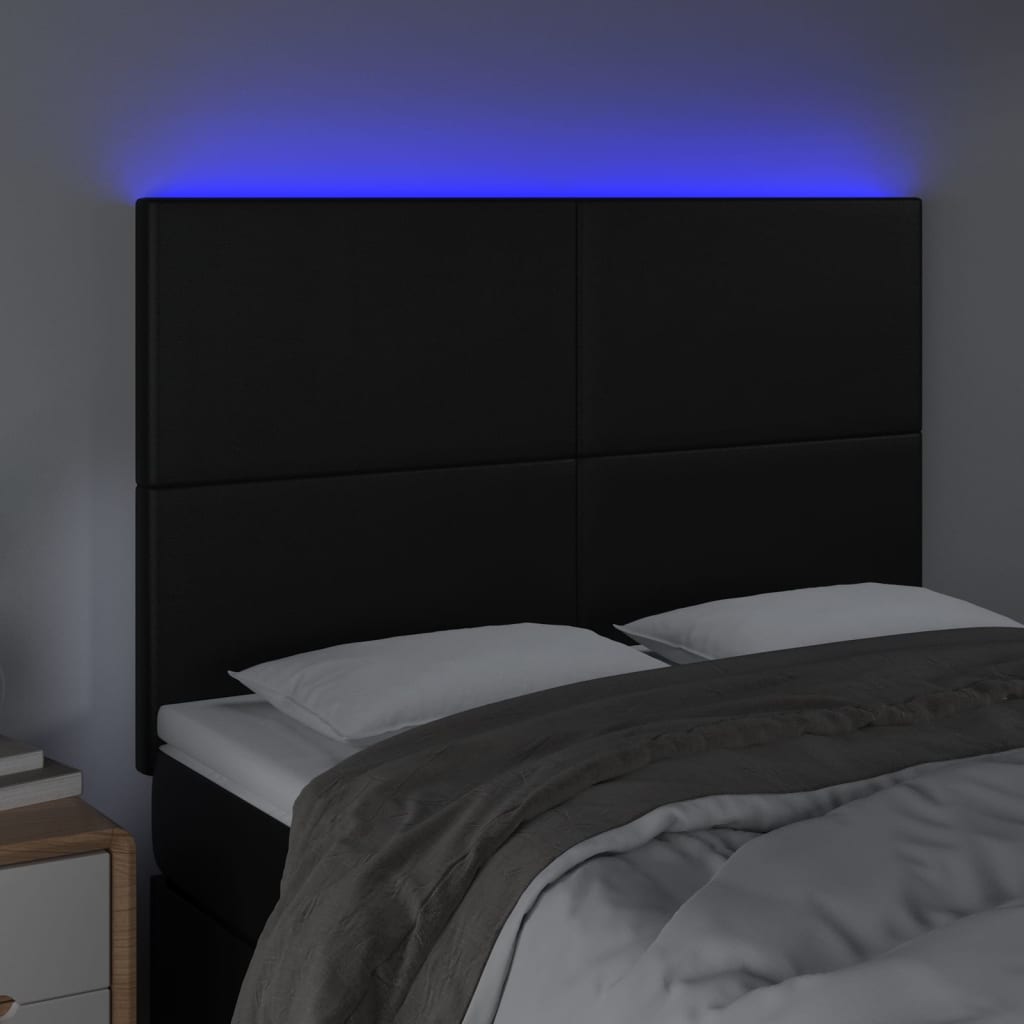 sengegavl med LED-lys 144x5x118/128 cm kunstlæder sort