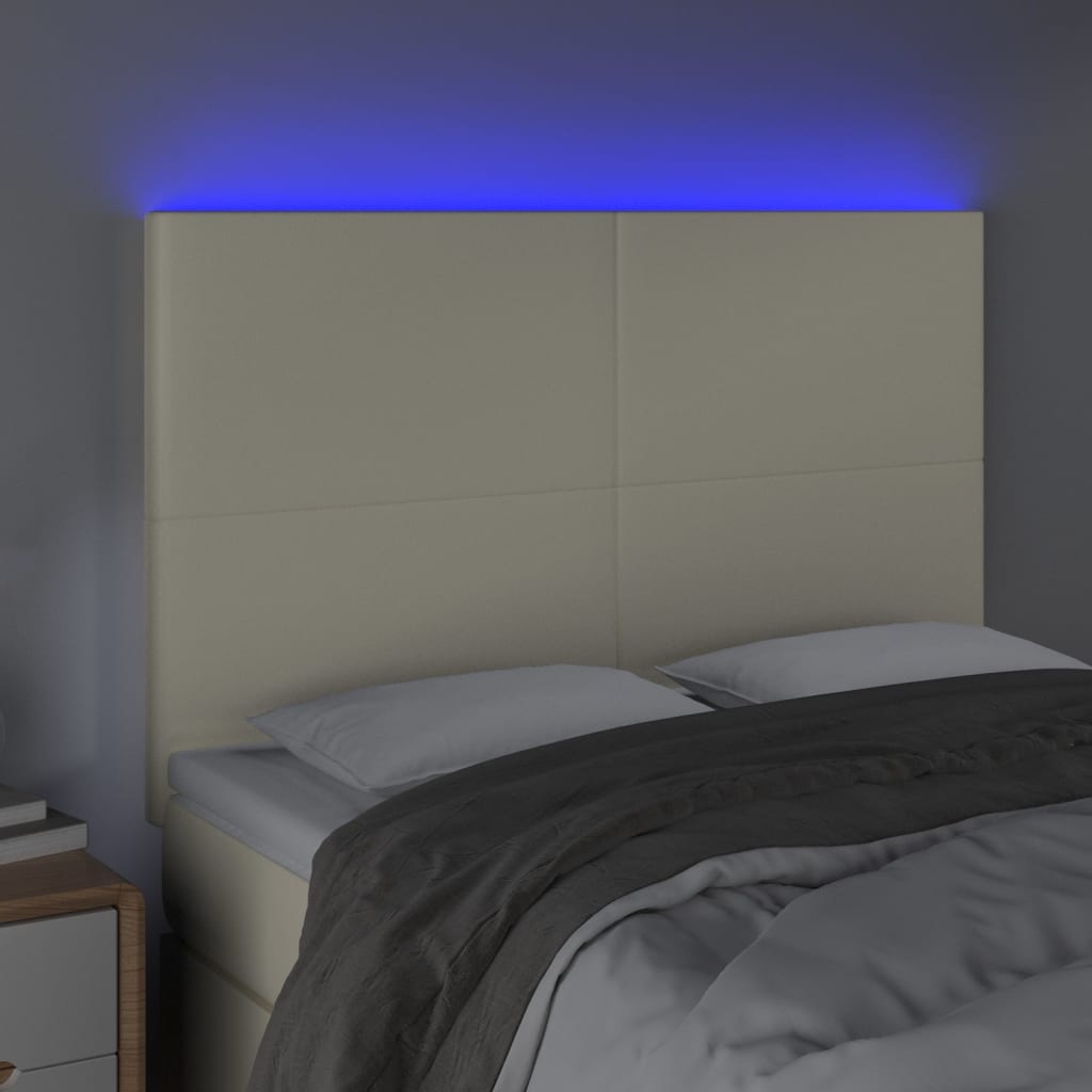 sengegavl med LED-lys 144x5x118/128 cm kunstlæder cremefarvet