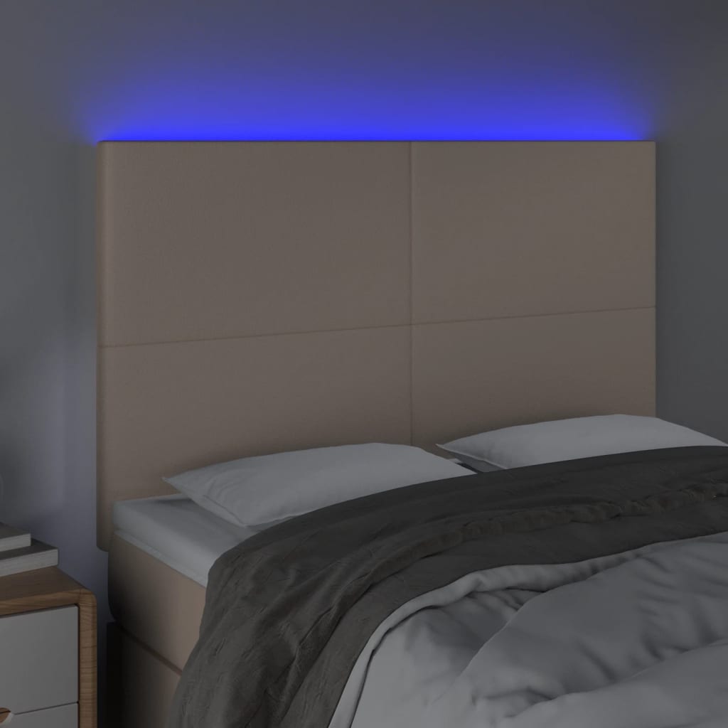 sengegavl med LED-lys 144x5x118/128 cm kunstlæder cappuccino