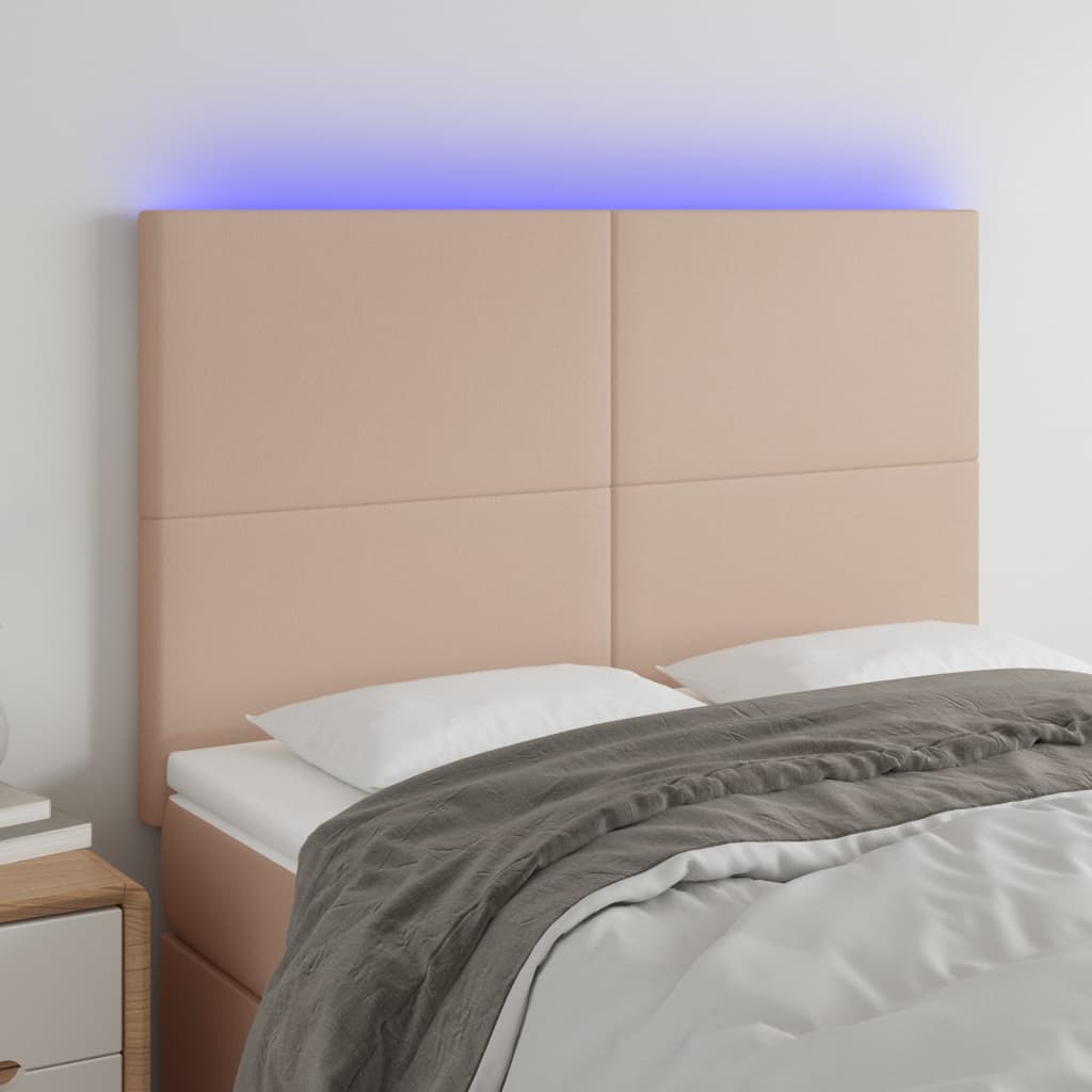 sengegavl med LED-lys 144x5x118/128 cm kunstlæder cappuccino