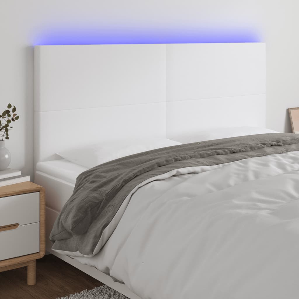 sengegavl med LED-lys 180x5x118/128 cm kunstlæder hvid