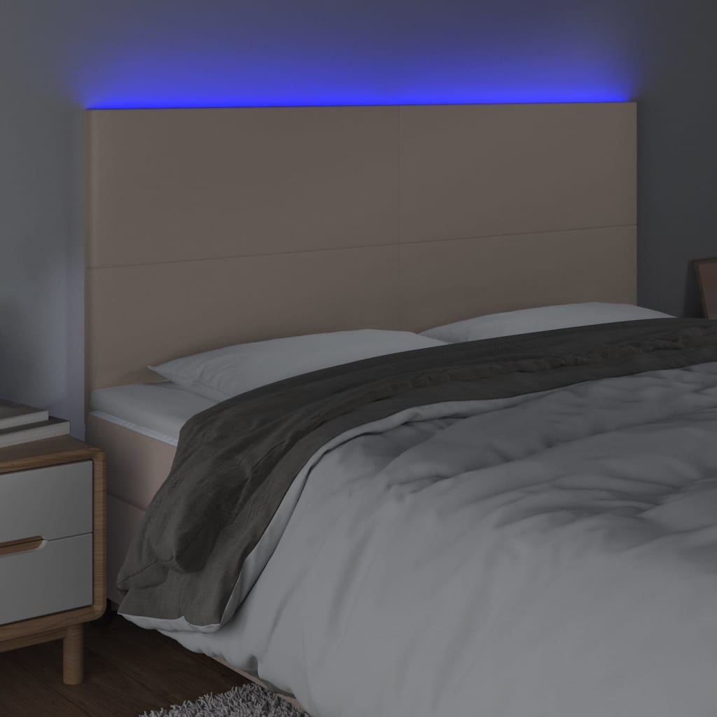sengegavl med LED-lys 200x5x118/128 cm kunstlæder cappuccino