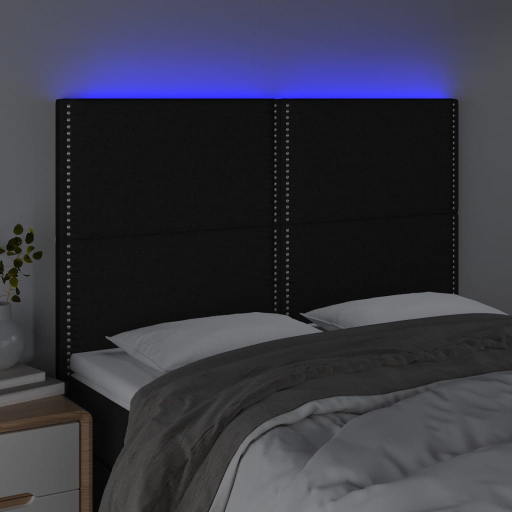 sengegavl med LED-lys 144x5x118/128 cm stof sort