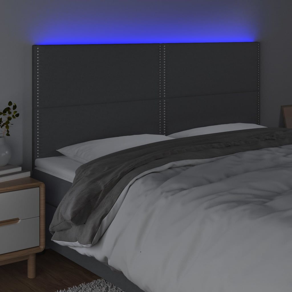 sengegavl med LED-lys 200x5x118/128 cm stof mørkegrå