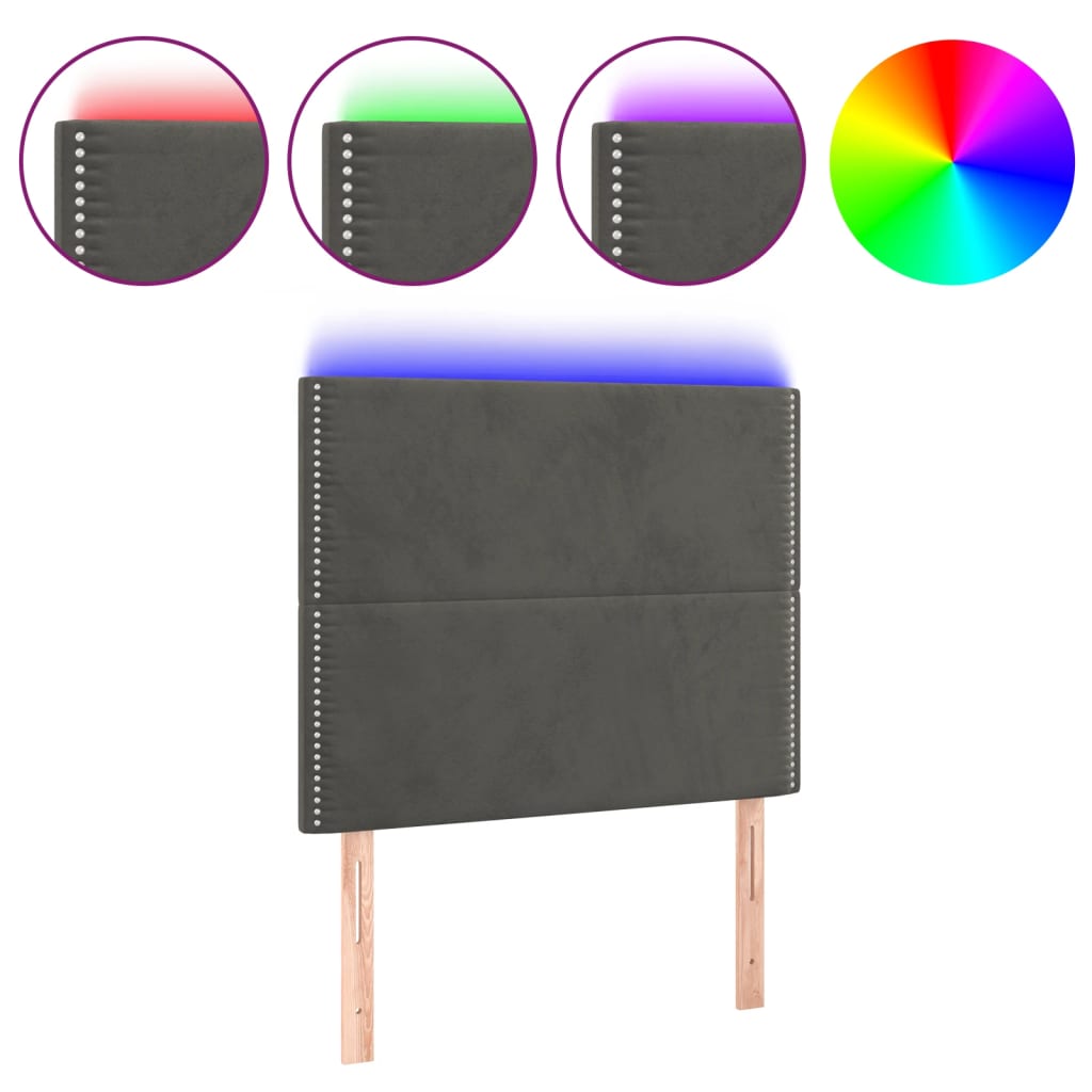 sengegavl med LED-lys 80x5x118/128 cm fløjl mørkegrå