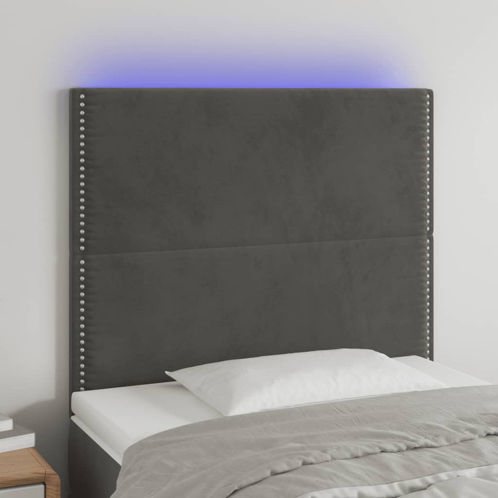sengegavl med LED-lys 80x5x118/128 cm fløjl mørkegrå