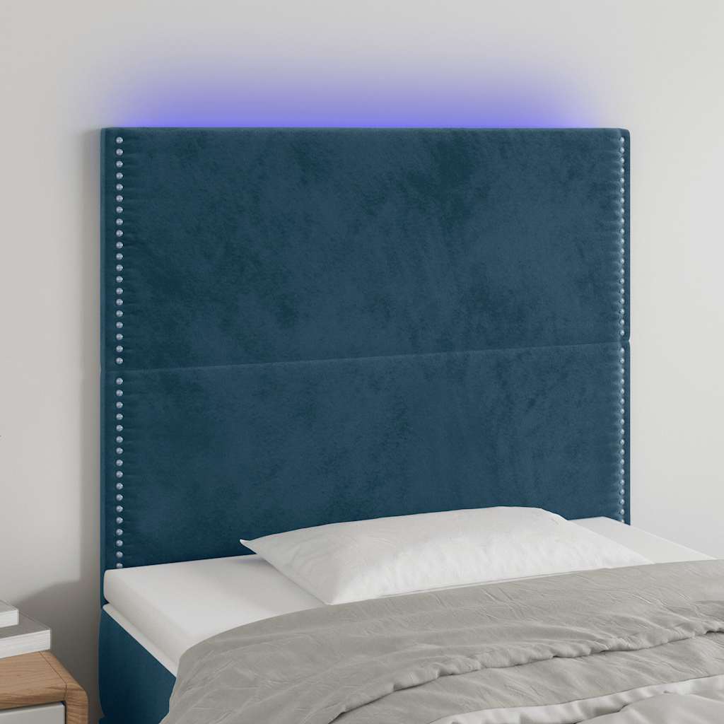 sengegavl med LED-lys 100x5x118/128 cm fløjl mørkeblå