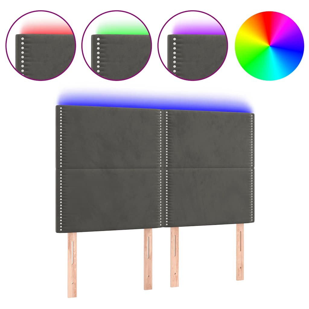 sengegavl med LED-lys 144x5x118/128 cm fløjl mørkegrå