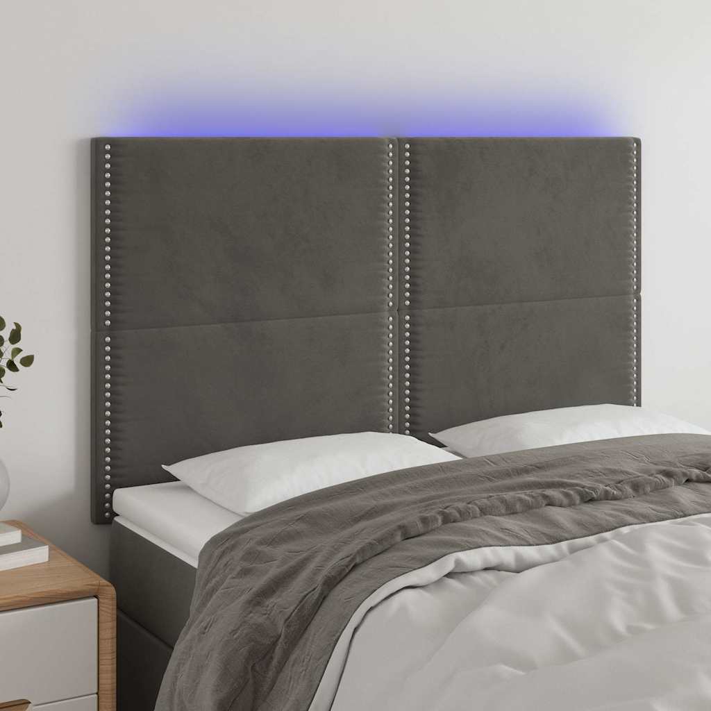 sengegavl med LED-lys 144x5x118/128 cm fløjl mørkegrå