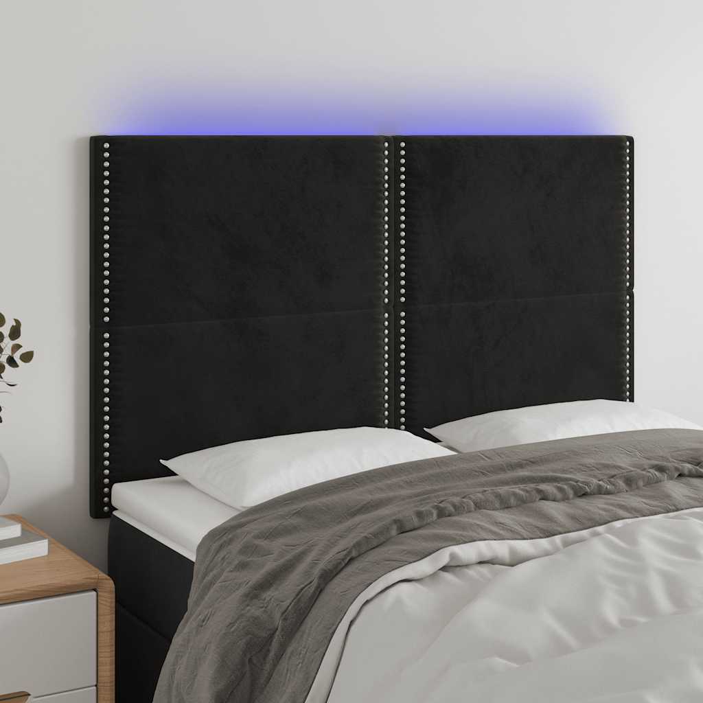 sengegavl med LED-lys 144x5x118/128 cm fløjl sort
