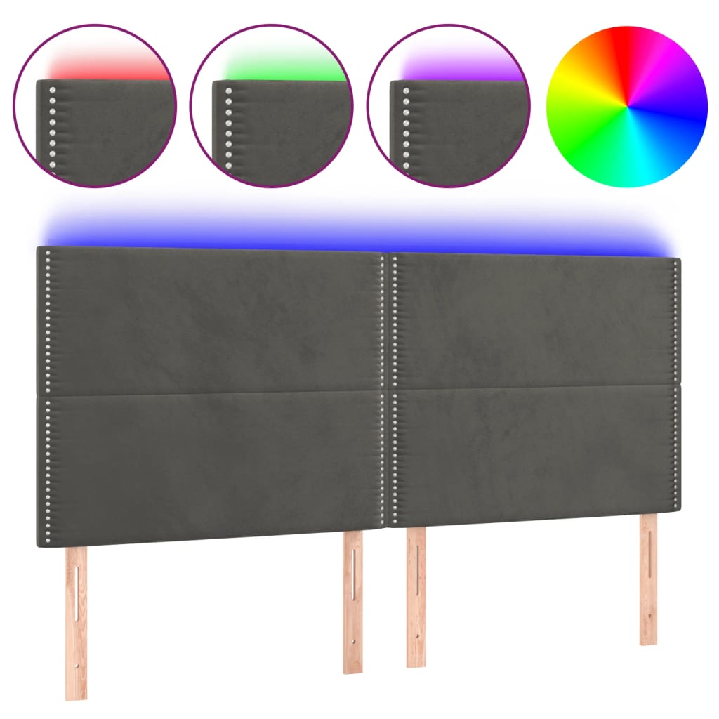 sengegavl med LED-lys 160x5x118/128 cm fløjl mørkegrå