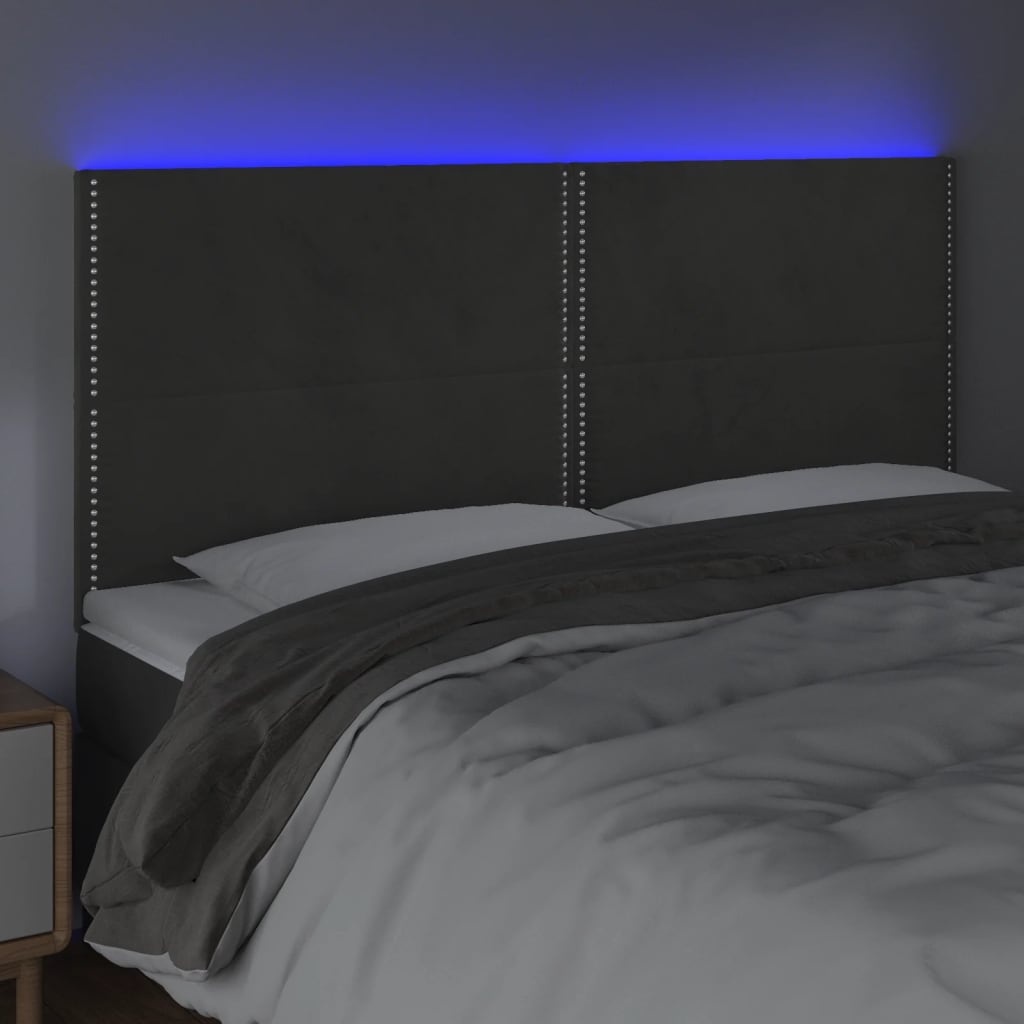 sengegavl med LED-lys 160x5x118/128 cm fløjl mørkegrå