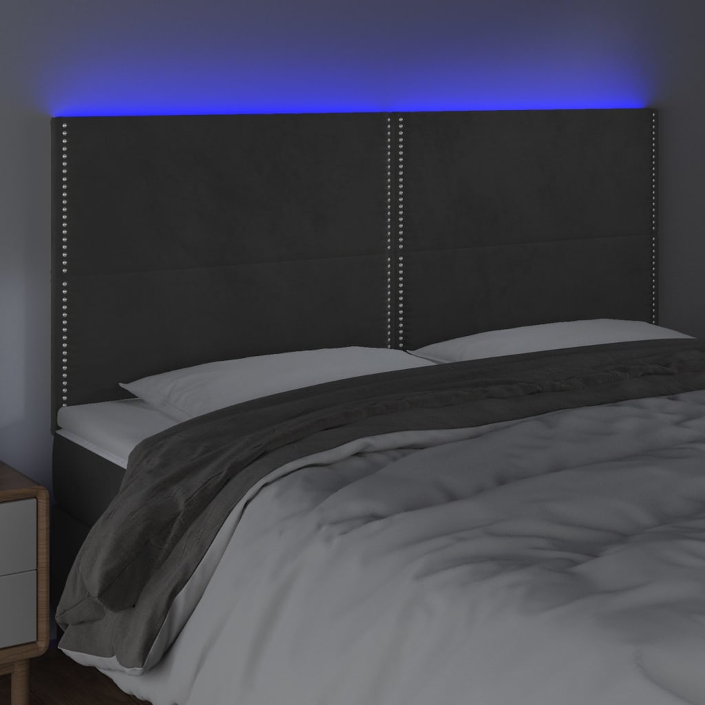 sengegavl med LED-lys 180x5x118/128 cm fløjl mørkegrå