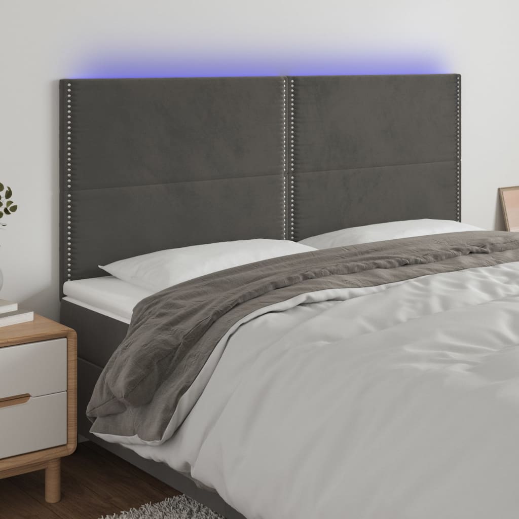 sengegavl med LED-lys 180x5x118/128 cm fløjl mørkegrå