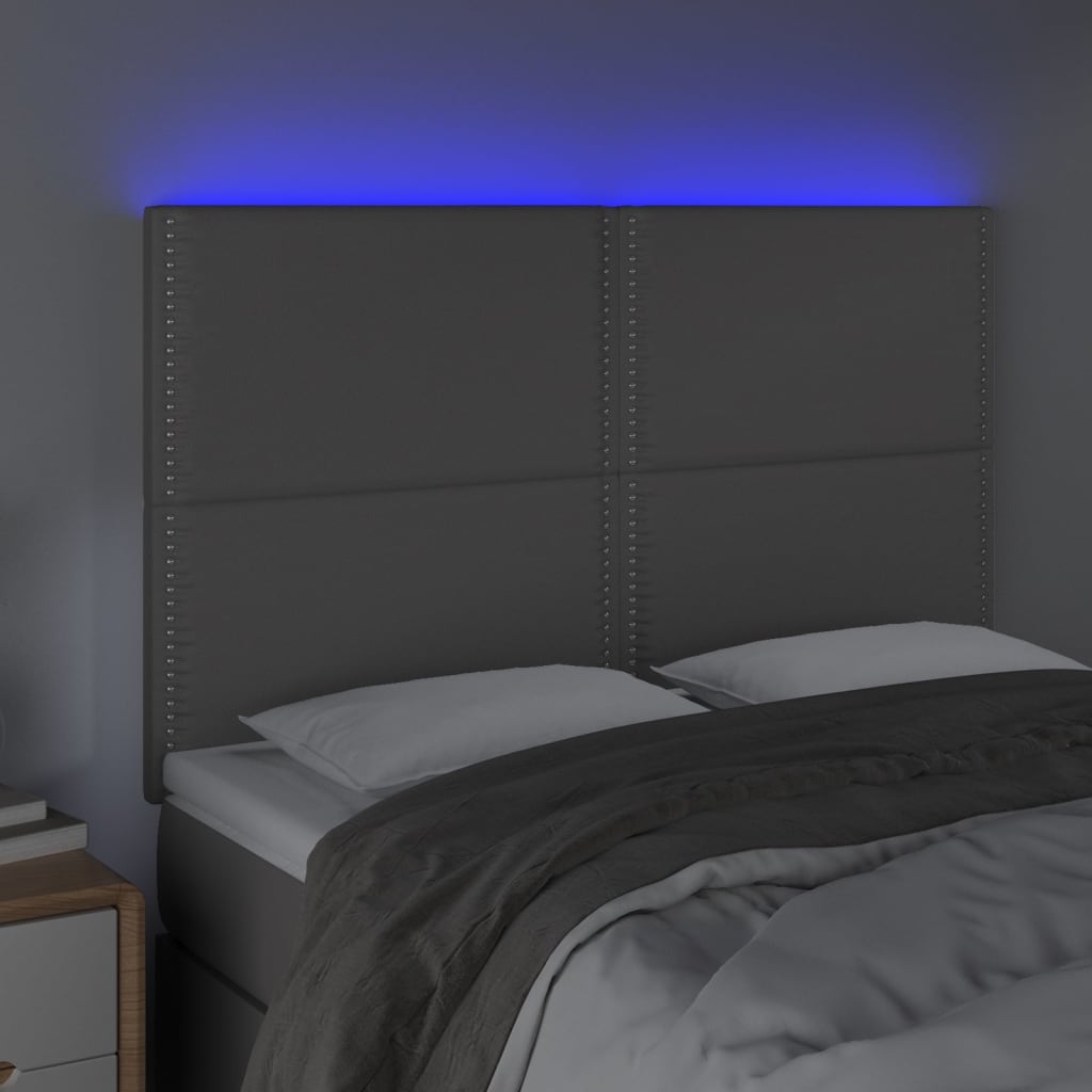 sengegavl med LED-lys 144x5x118/128 cm kunstlæder grå