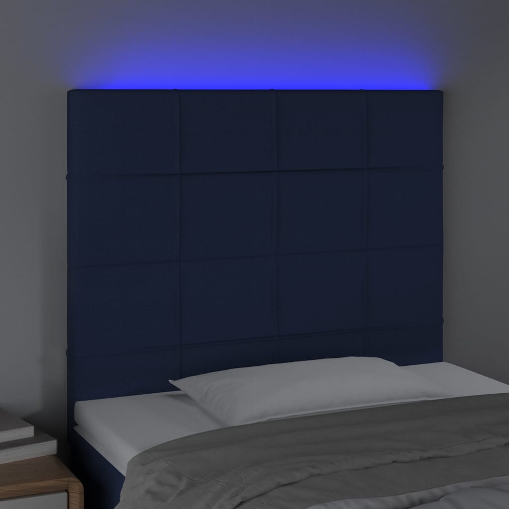 sengegavl med LED-lys 80x5x118/128 cm stof blå