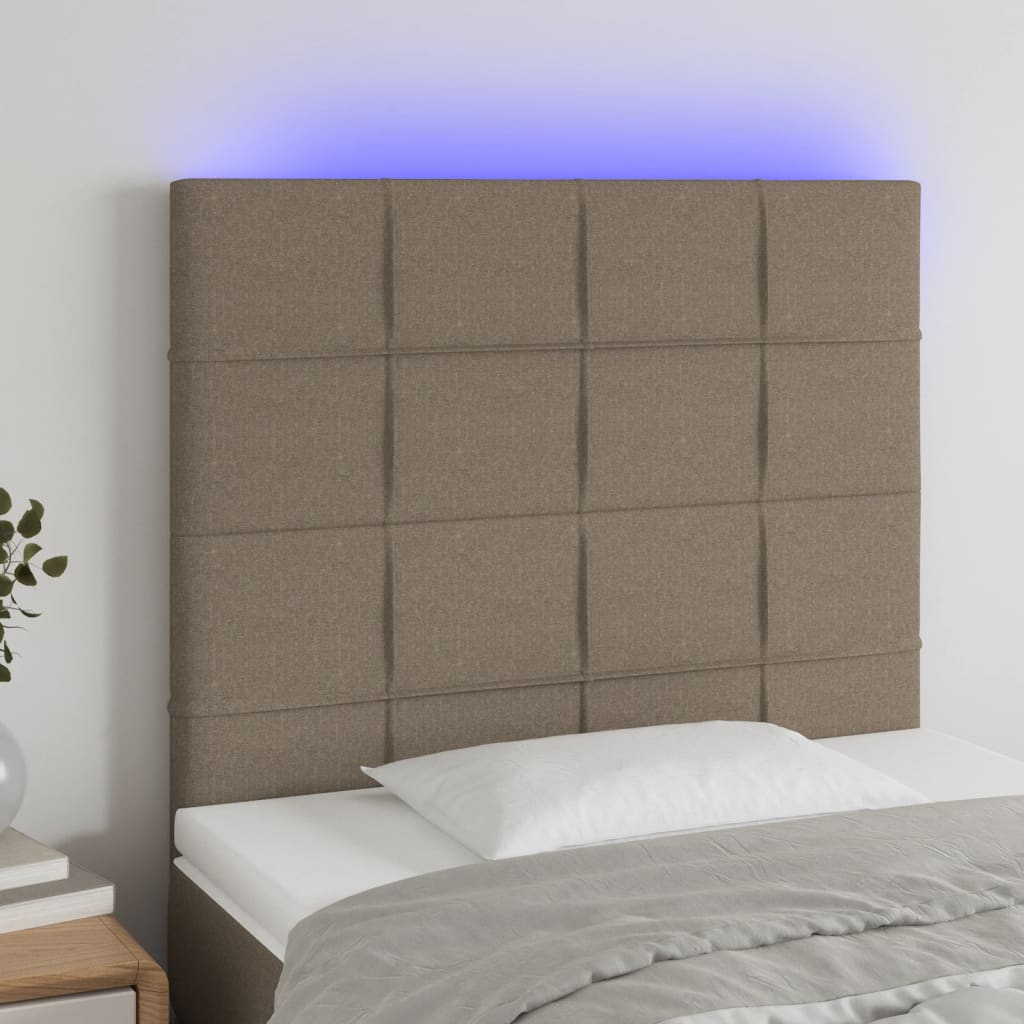 sengegavl med LED-lys 90x5x118/128 cm stof gråbrun