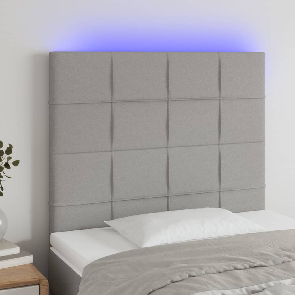 sengegavl med LED-lys 100x5x118/128 cm stof lysegrå