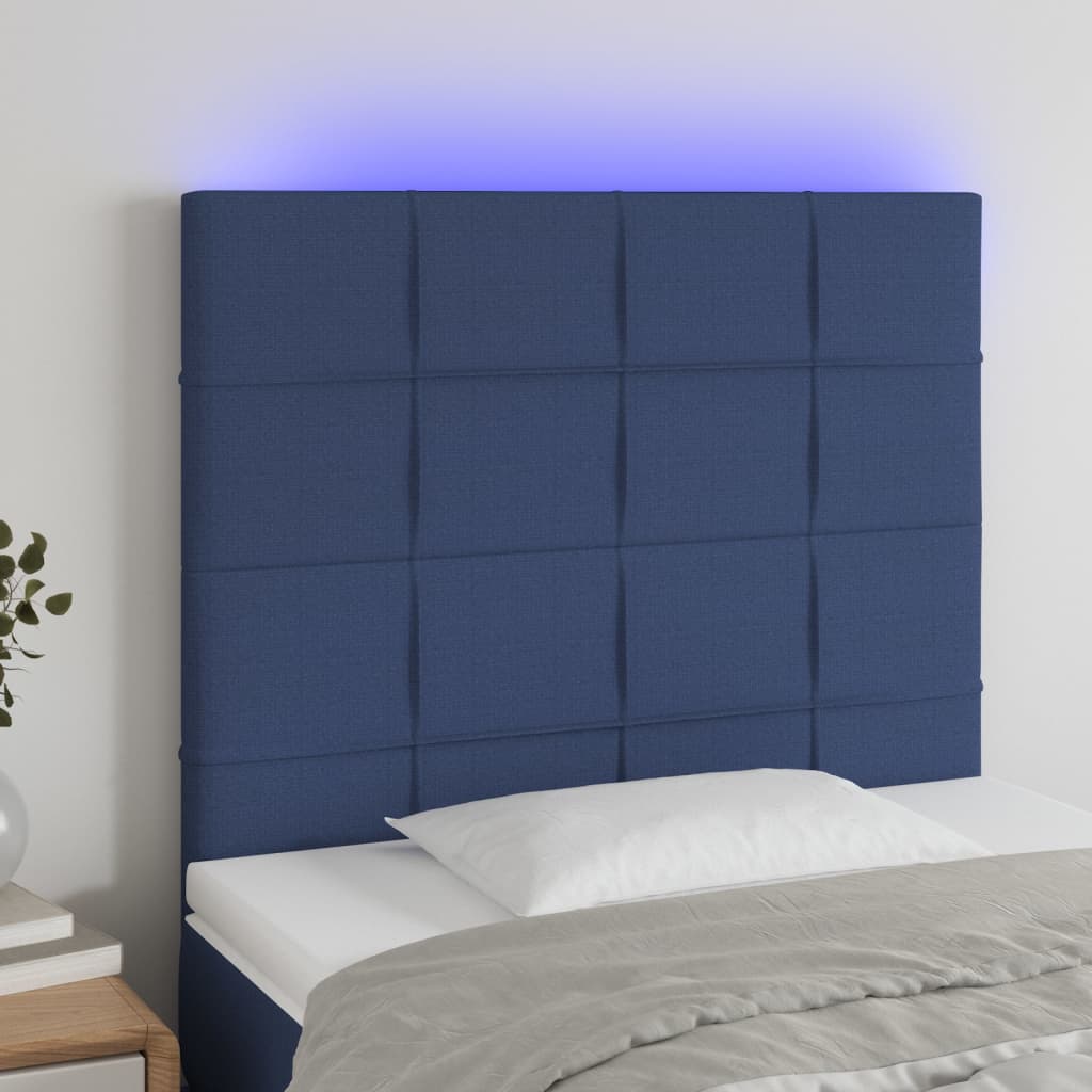 sengegavl med LED-lys 100x5x118/128 cm stof blå