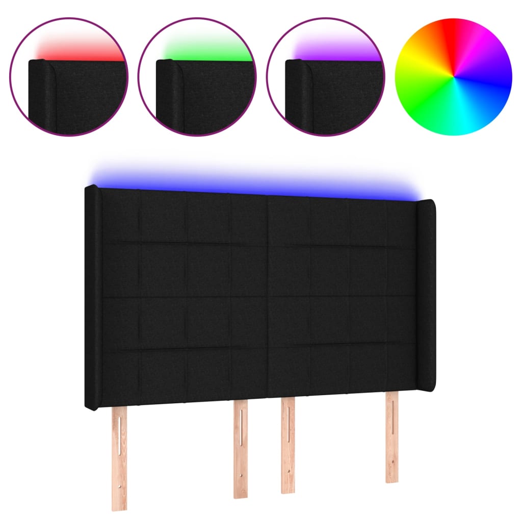 sengegavl med LED-lys 144x5x118/128 cm stof sort