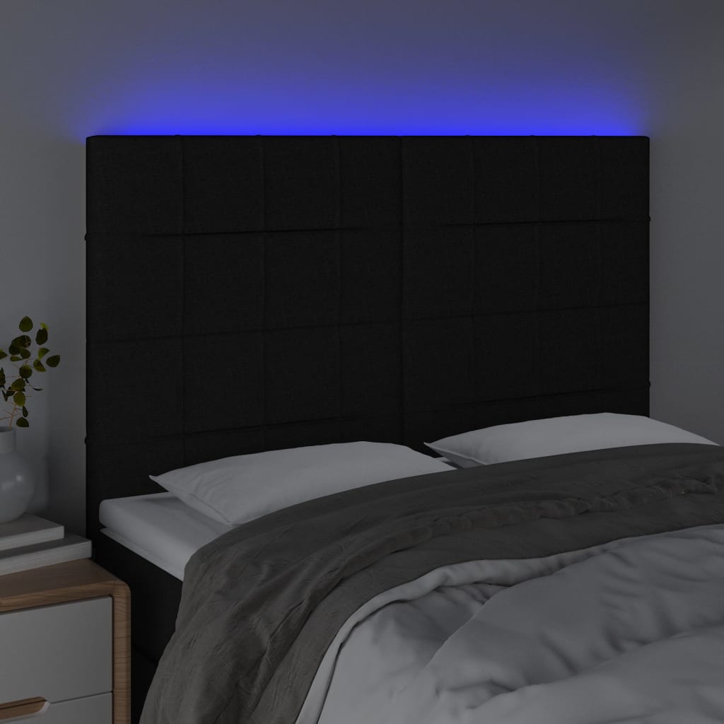 sengegavl med LED-lys 144x5x118/128 cm stof sort