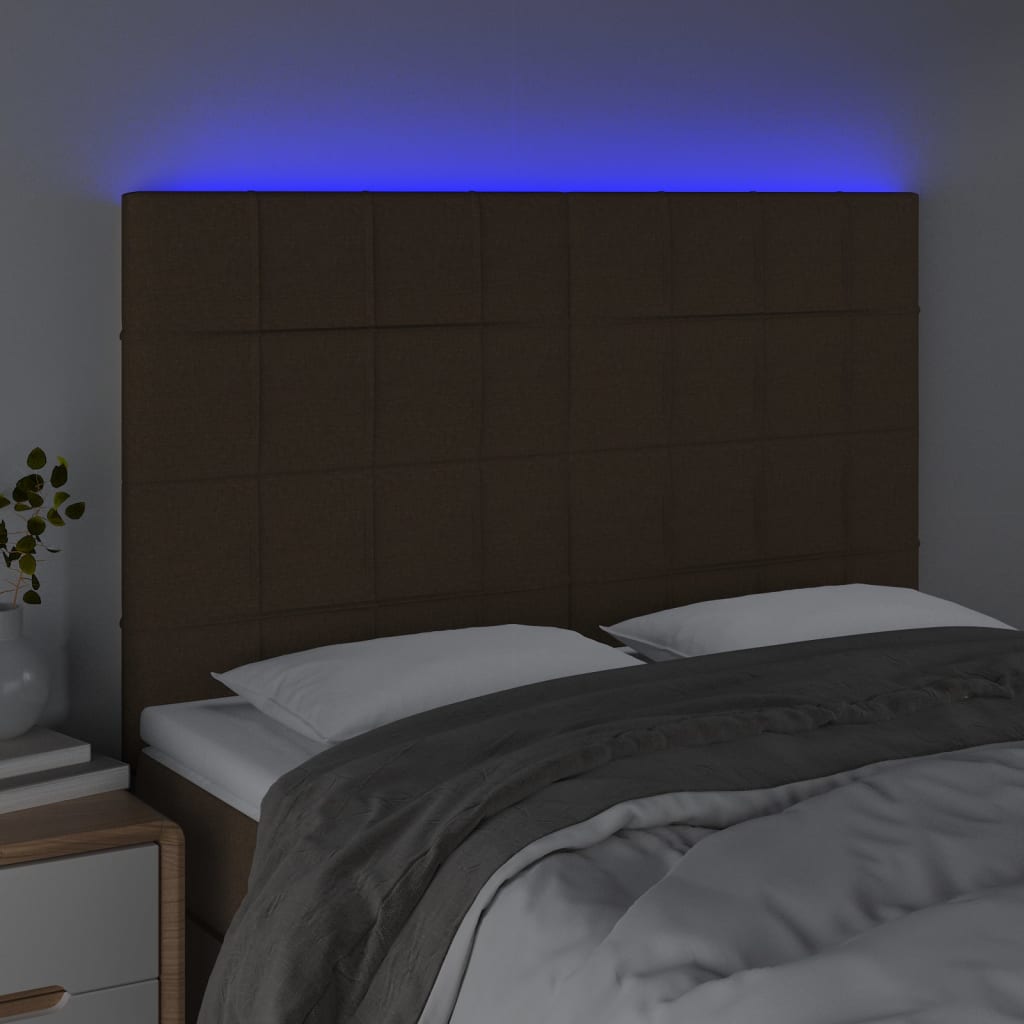 sengegavl med LED-lys 144x5x118/128 cm stof mørkebrun