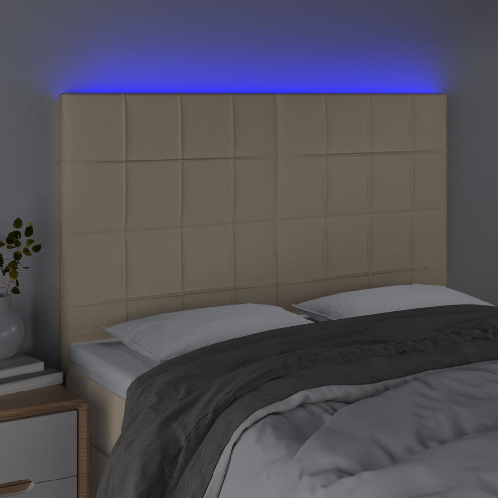 sengegavl med LED-lys 144x5x118/128 cm stof cremefarvet
