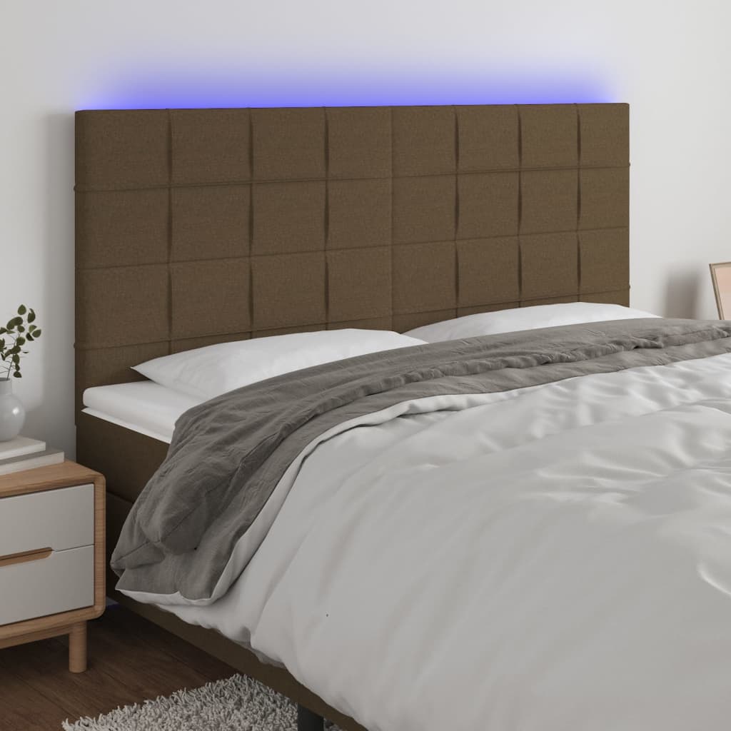sengegavl med LED-lys 200x5x118/128 cm stof mørkebrun