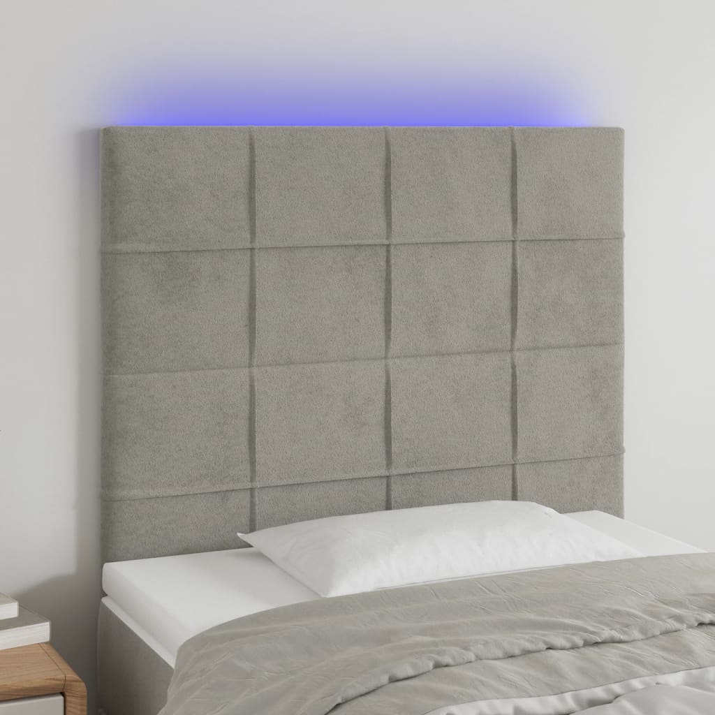 sengegavl med LED-lys 80x5x118/128 cm fløjl lysegrå