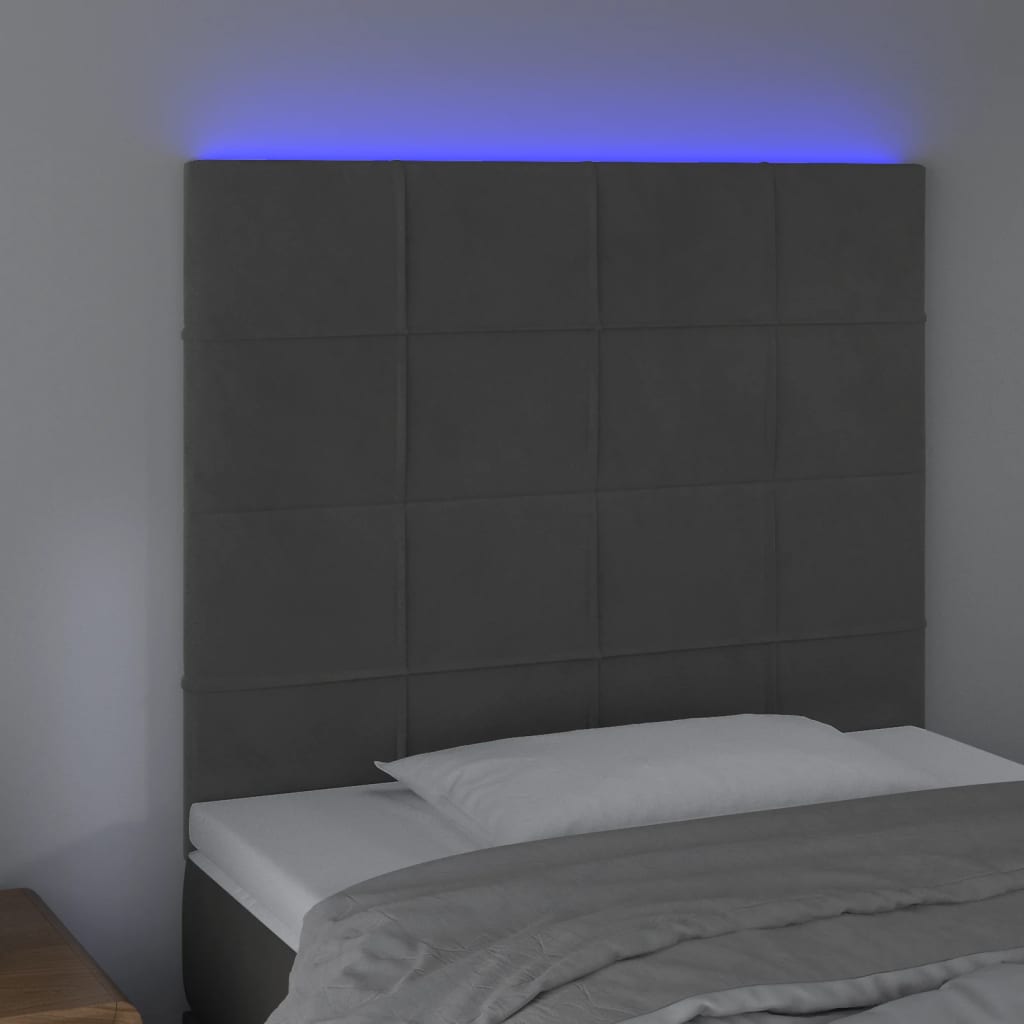 sengegavl med LED-lys 80x5x118/128 cm fløjl mørkegrå