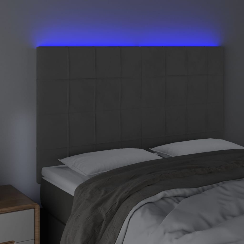 sengegavl med LED-lys 144x5x118/128 cm fløjl mørkegrå