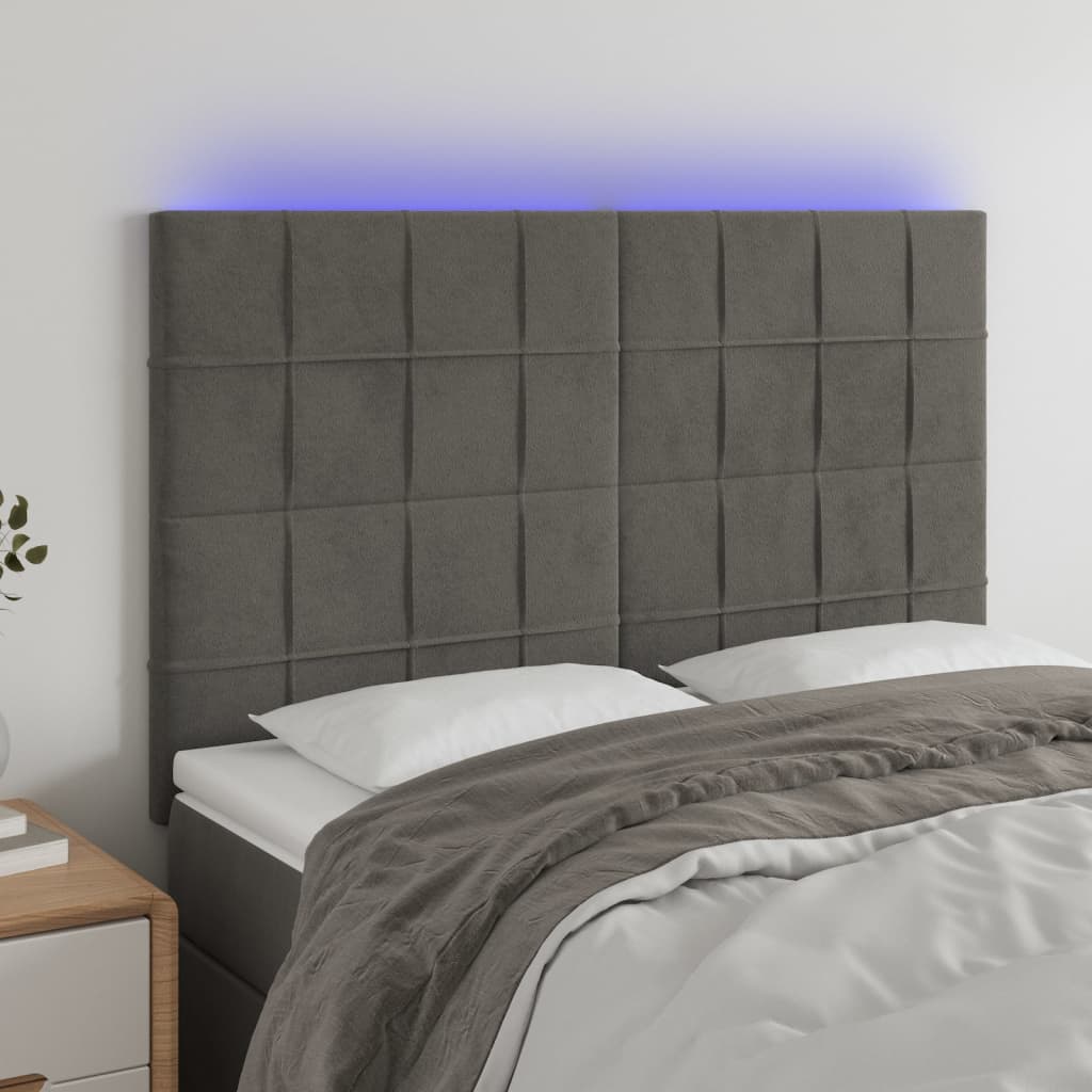 sengegavl med LED-lys 144x5x118/128 cm fløjl mørkegrå