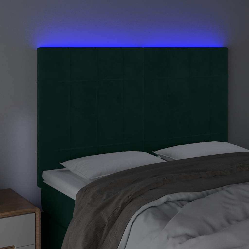 sengegavl med LED-lys 144x5x118/128 cm fløjl mørkegrøn