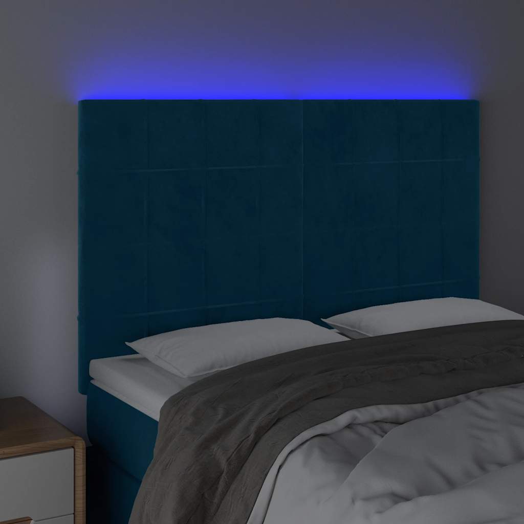 sengegavl med LED-lys 144x5x118/128 cm fløjl mørkeblå